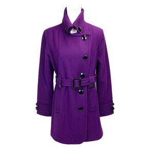 Giacca Wool Blend Pea Coat Women M Colorful Purple Belted Classic Preppy